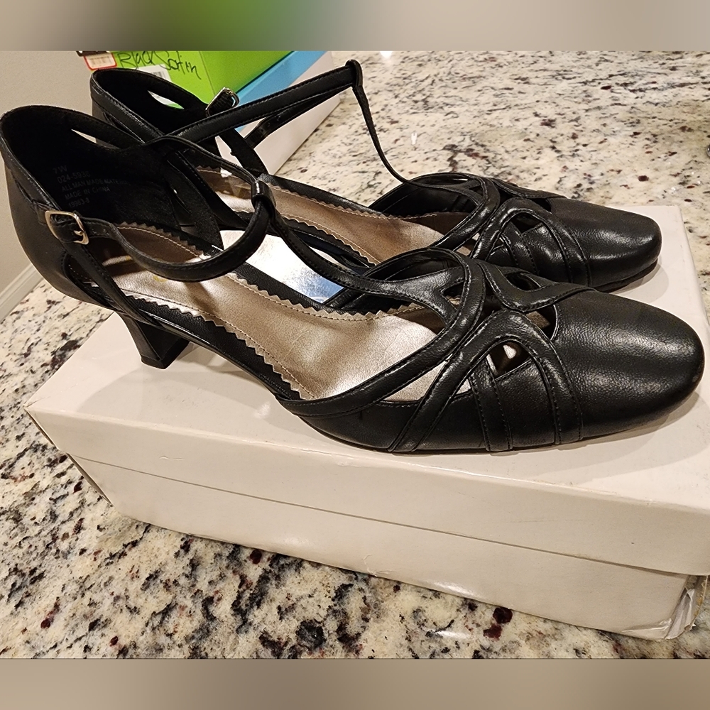 Black kitten heels with ankle strap